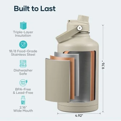Buzio Duet Series Water Bottle with 2 Lids and Sleeve 1.9L - Beige